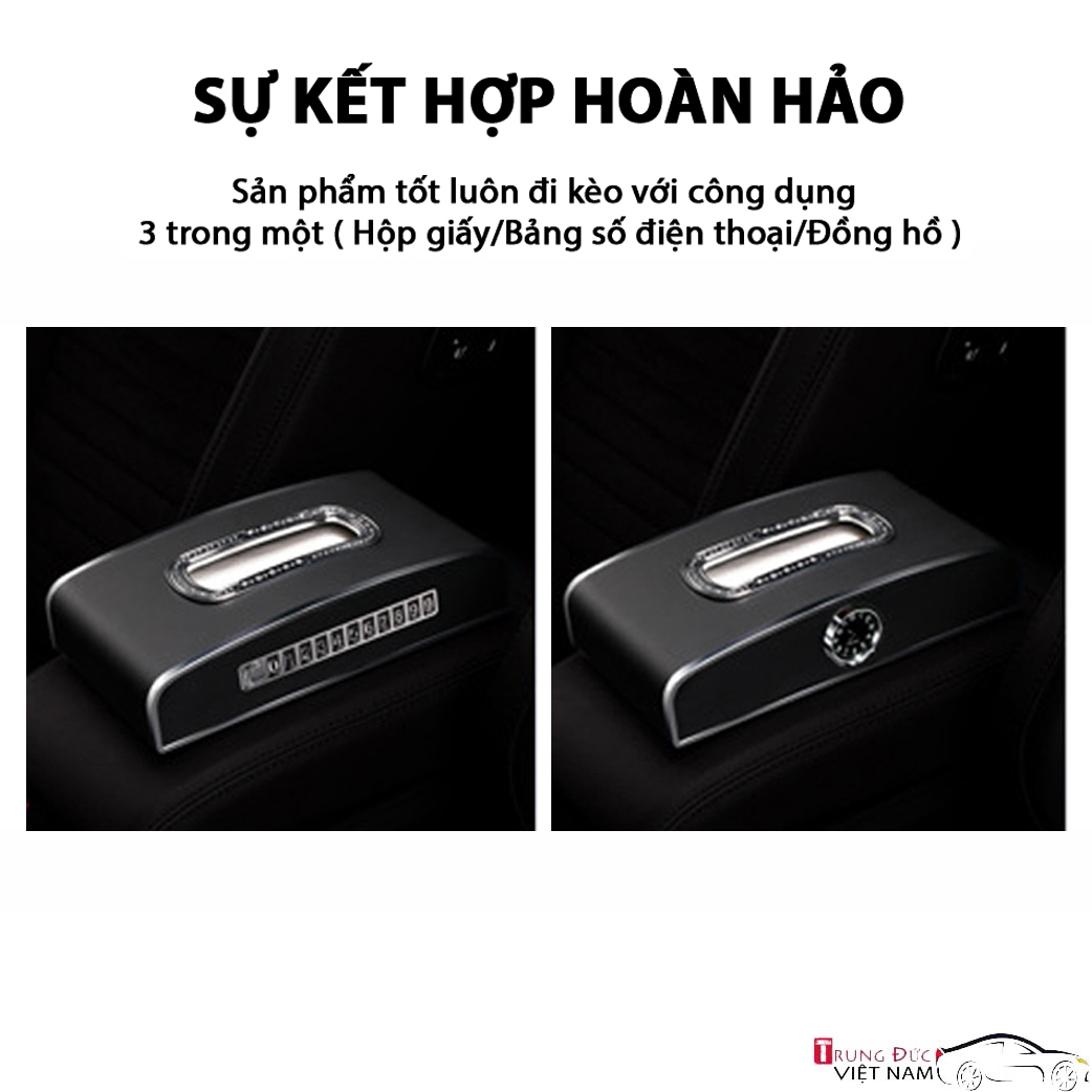 Hộp Đựng Khăn Giấy tích hợp Bảng Số Điện Thoại + Đồng Hồ đặt taplo Ô tô, Xe Hơi ( Quà tặng khăn lau xe ) - Hàng Chính Hãng TDVN