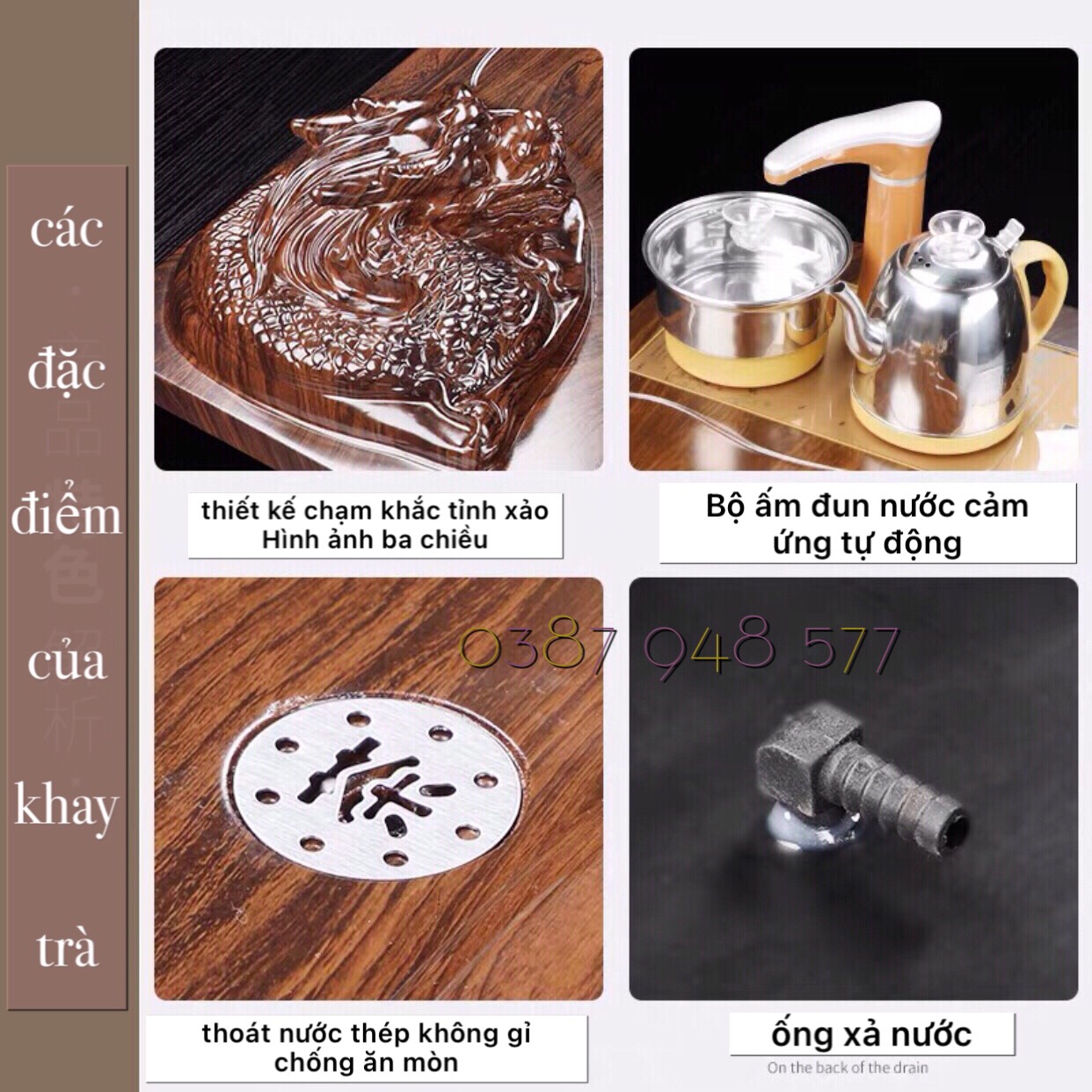 Bàn trà điện thông minh tự động đa năng Tượng Rồng khung gỗ cao cấp TR14-Phong cách trà đạo,Một bộ đủ món như hình