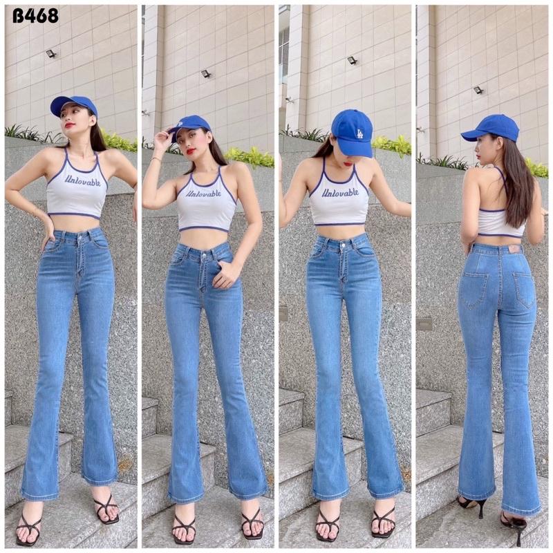 Quần Jeans Nữ Ống Loe Dài Lưng Cao Co Giãn Màu Xanh Nhạt