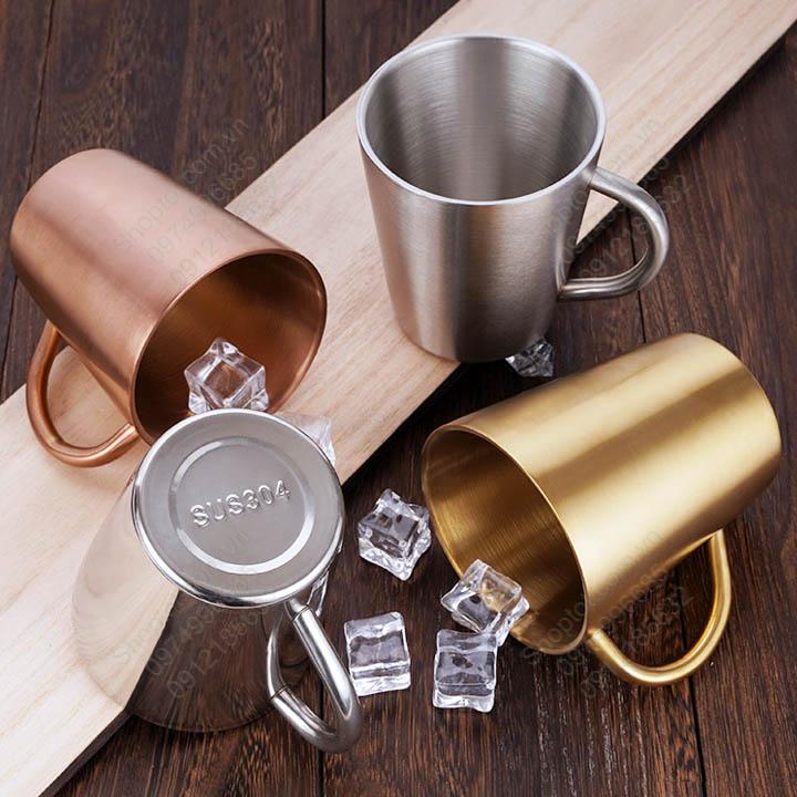 Cốc ly bằng inox 304 loại 2 lớp 300ml có tay cầm, chuyên dùng uống cà phê, trà, sữa, nước nóng hay lạnh đa năng