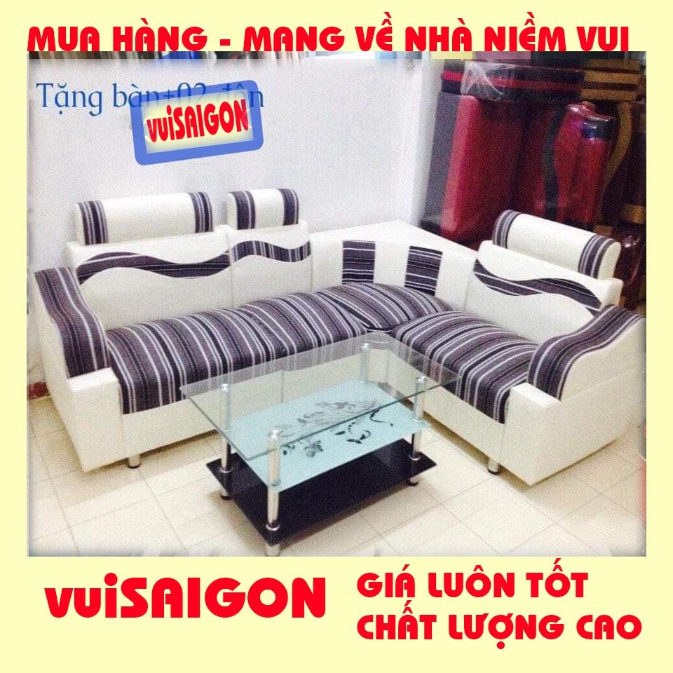 Ghế Sofa nệm mút 2m1 x 1m6 , mẫu hiện đại đẹp bền giá tại xưởng VuiSAIGON, Tặng kèm 1 bàn kính và 2 ghế đôn xinh xắn