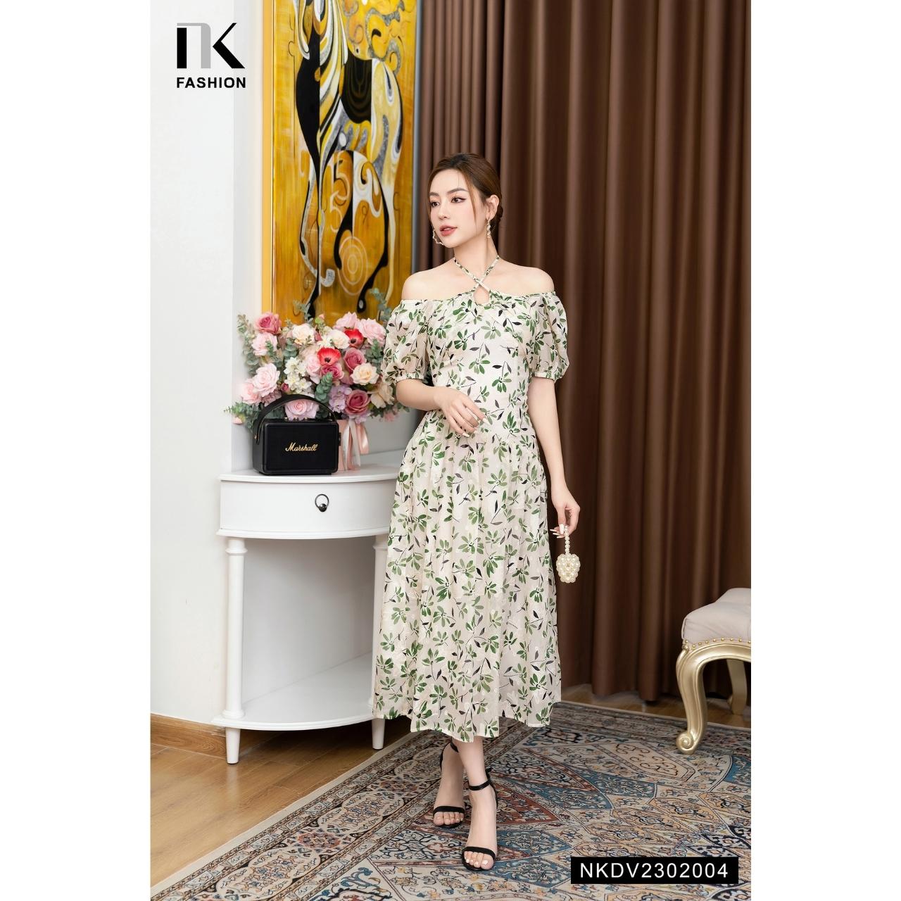 Đầm Maxi Hoa NK FASHION Thiết Kế Cổ Buộc Yếm Điệu Đà Thanh Lịch, Chất Vải Nhập Hàn Cao Cấp NKDV2302004