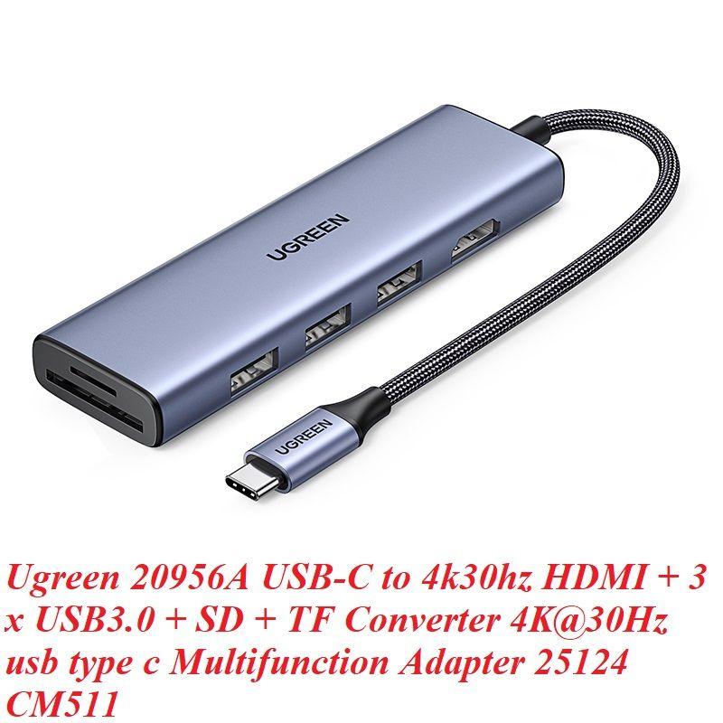 Ugreen UG25124CM511TK USB type C sang 1 x HDMI 4K30Hz + 3 x USB3.0 + TF + SD Bộ chuyển 6in1 - HÀNG CHÍNH HÃNG