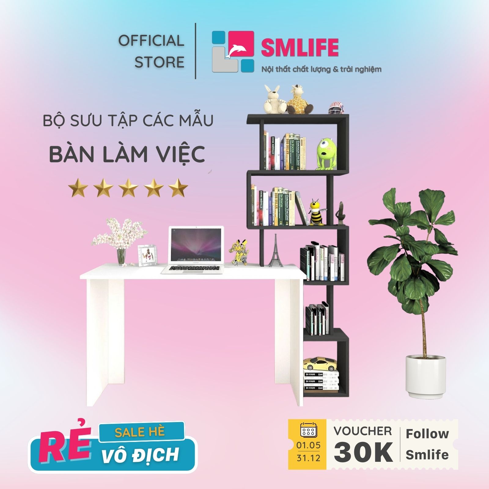 Bàn Làm Việc Tại Nhà Kèm Kệ Sách Phong Cách Hiện Đại Thương Hiệu SMLIFE (Nhiều mẫu, có thể đổi Size và màu sắc)