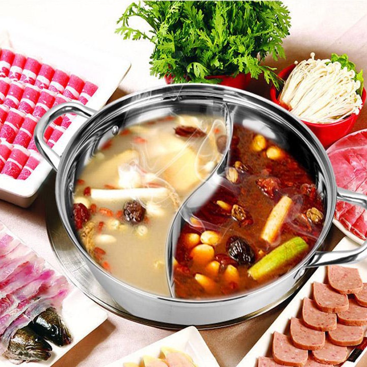 Nồi lẩu chuyên dụng 2 ngăn dùng cho mọi loại bếp kể cả bếp từ, đường kính 32cm - Nồi ăn lẩu thiên nga kiểu mới bằng inox 304 cao cấp, nắp kính cường lực trong suốt chống rơi vỡ