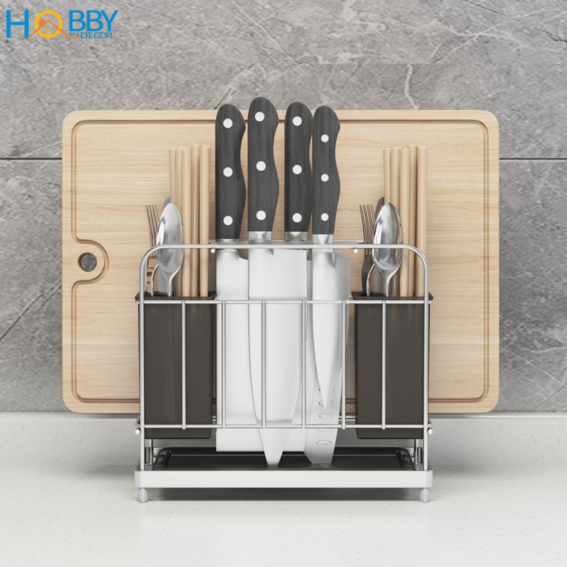 Kệ để dao thớt đũa muỗng đa năng HOBBY Home Decor KDMT2 Inox 304 kèm khay nhựa hứng nước