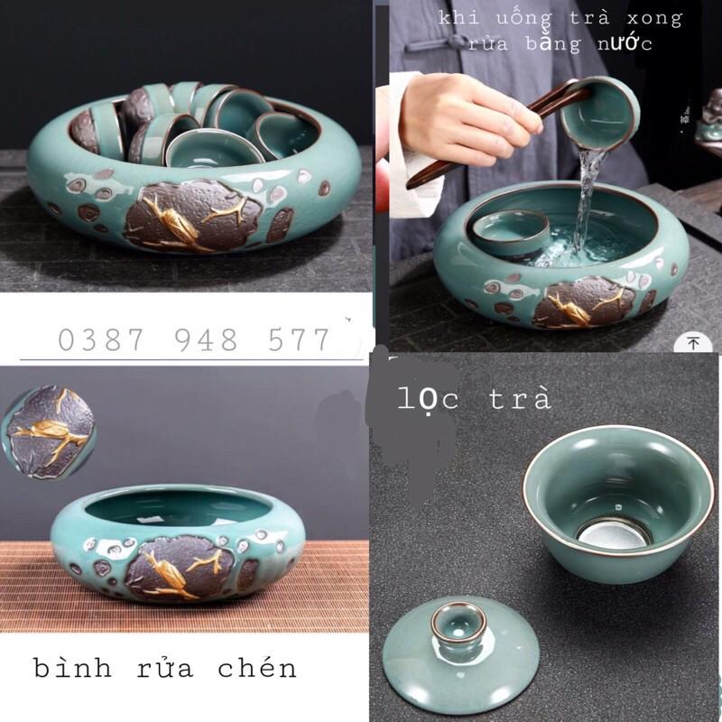 Bộ ấm chén pha trà đẹp cối xayTử sa gốm sứ cao cấp, 18 chi tiết chú tiểu màu xanh-M04
