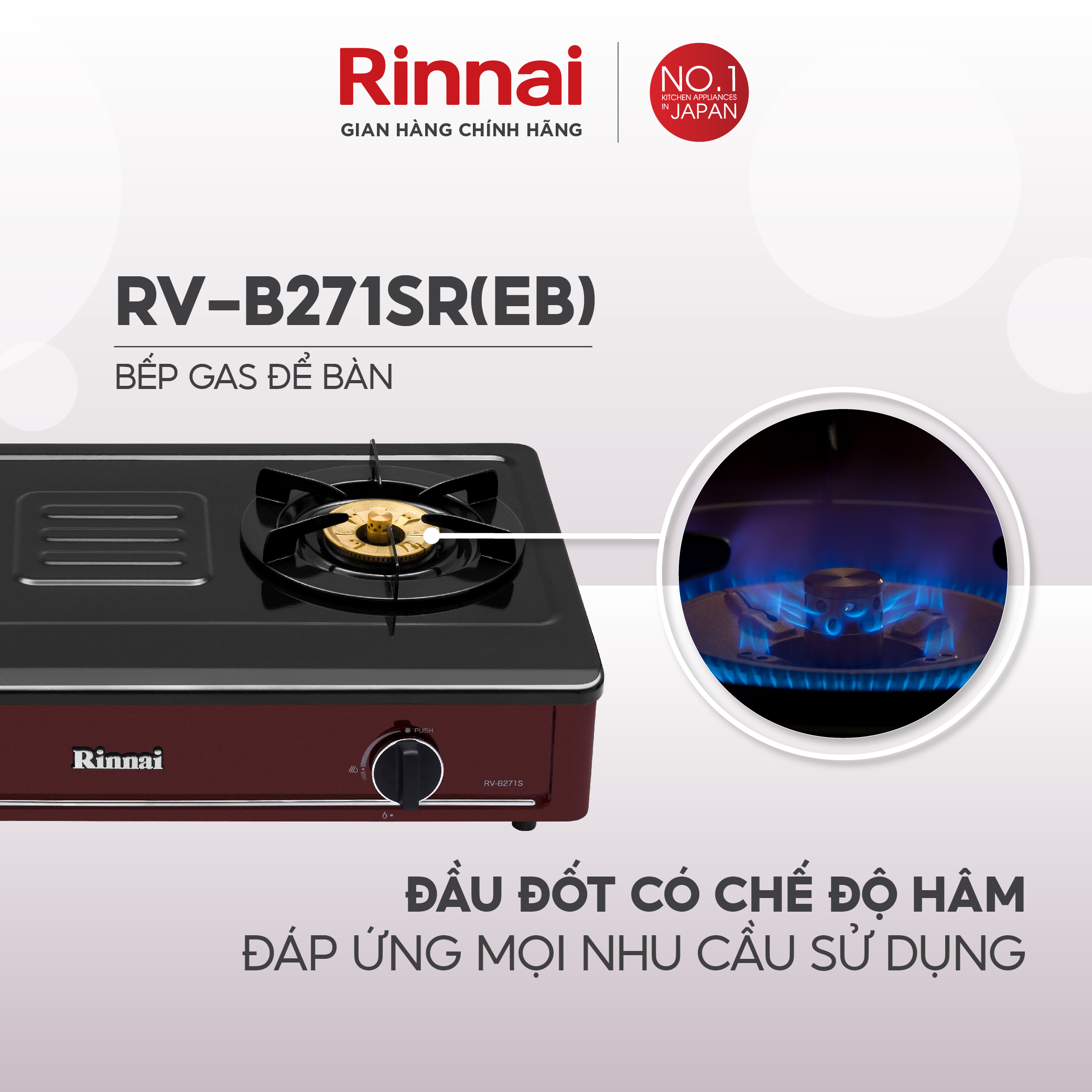 Bếp gas dương Rinnai RV-B271SR(EB) mặt bếp men và kiềng bếp men - Hàng chính hãng.