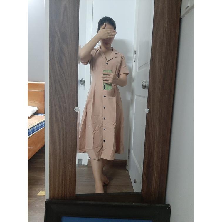 X2 váy sơ mi nude form dài cổ bẻ tay ngắn đính nút đầm midi công sở màu kem (kèm hình thật