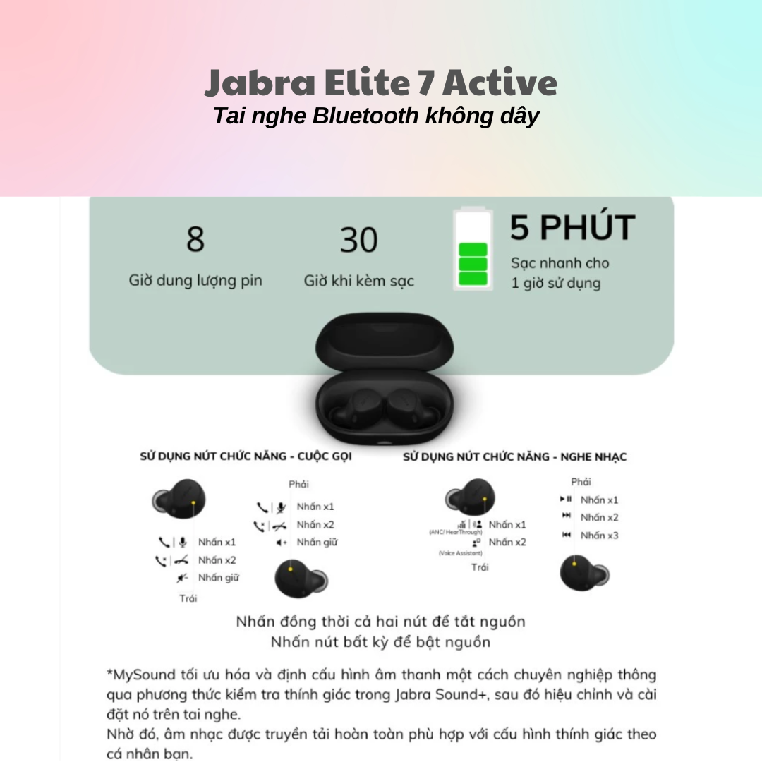 Tai Nghe Bluetooth True Wireless Jabra Elite 7 Active Chống ồn ANC 2 micro IP57 Mono - Bảo Hành 12 Tháng - Hàng Chính Hãng