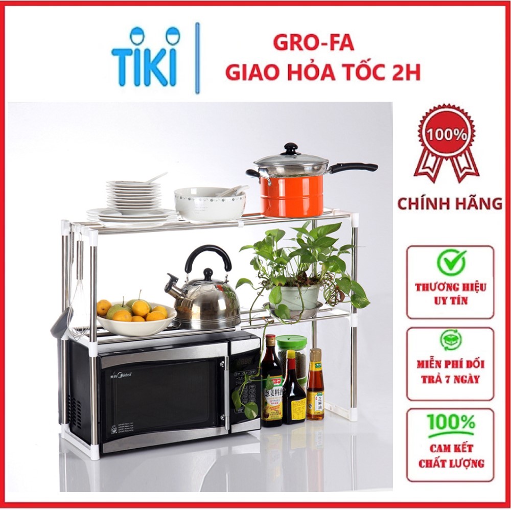 Kệ để lò vi sóng, kệ nhà bếp 2 tầng đa năng, kệ đựng gia vị có móc treo ở các góc, tiết kiệm không gian 64x25x45cm - Hàng chính hãng