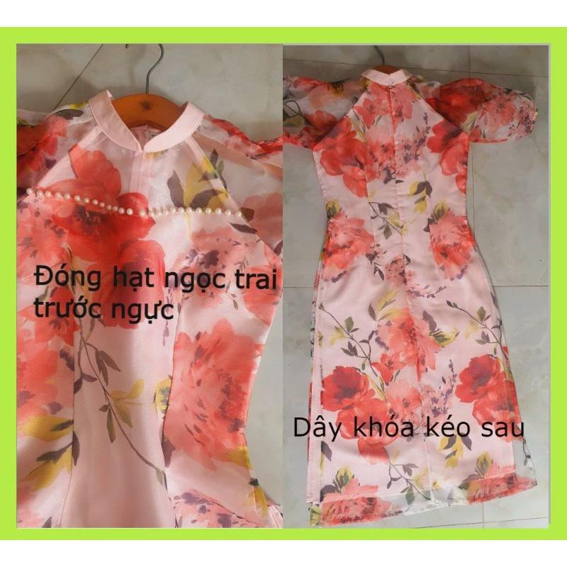 SÉT ÁO DÀI VOAN TƠ HOA TAY PHỒNG NGỰC VIỀN HẠT CHÂU + QUẦN DÀI