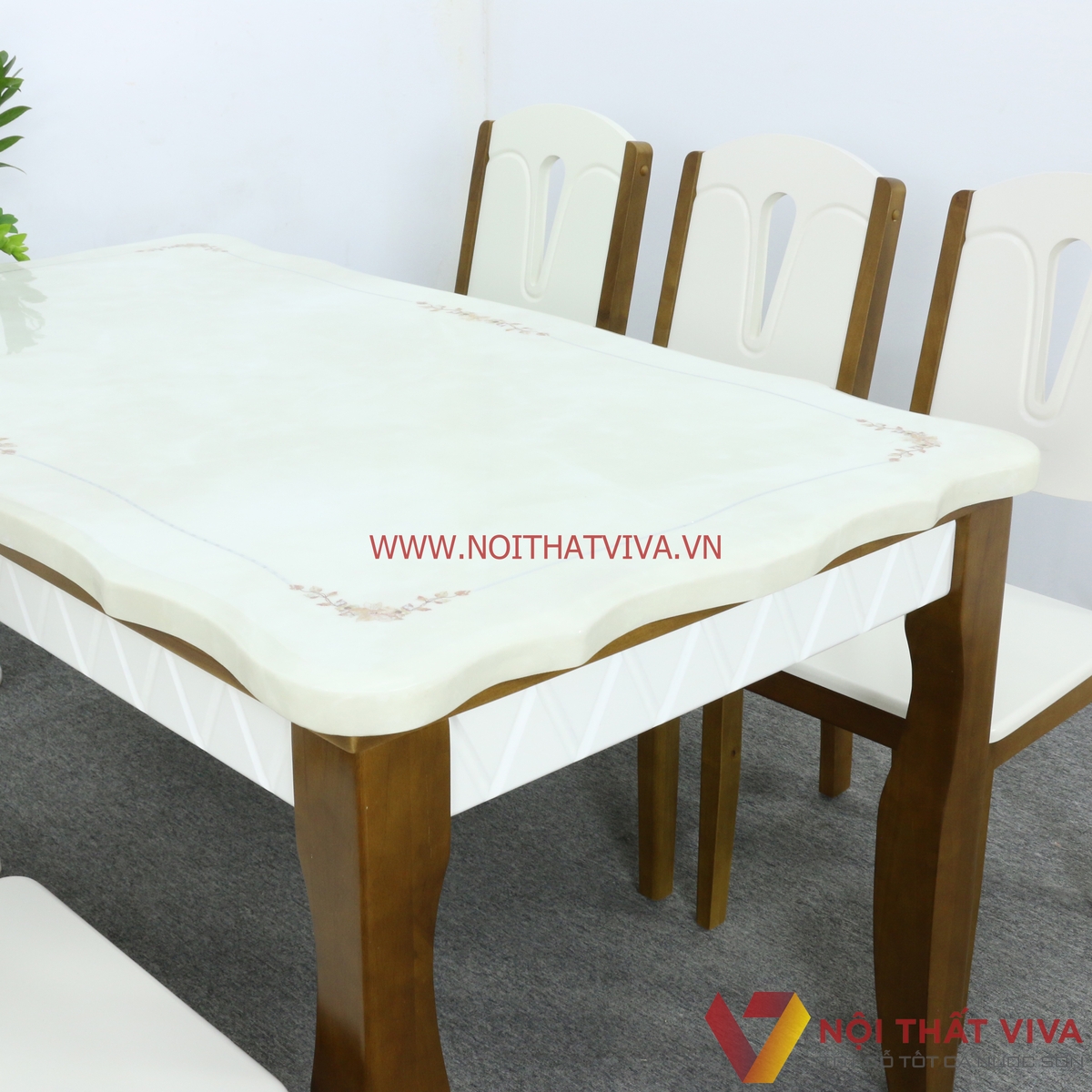 Bộ Bàn Ăn Mặt Đá Cẩm Thạch Gỗ Xoan 6 Ghế Màu Óc Chó Phối Trắng Cao Cấp