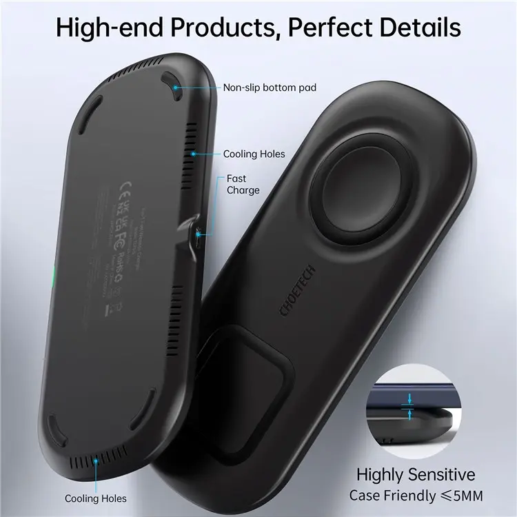 Đế sạc không dây sạc nhanh 15W 2 in 1 hỗ trợ sạc cho Smartphone / Galaxy Watch / Tai nghe hiệu CHOETECH T570-S - Hàng nhập khẩu