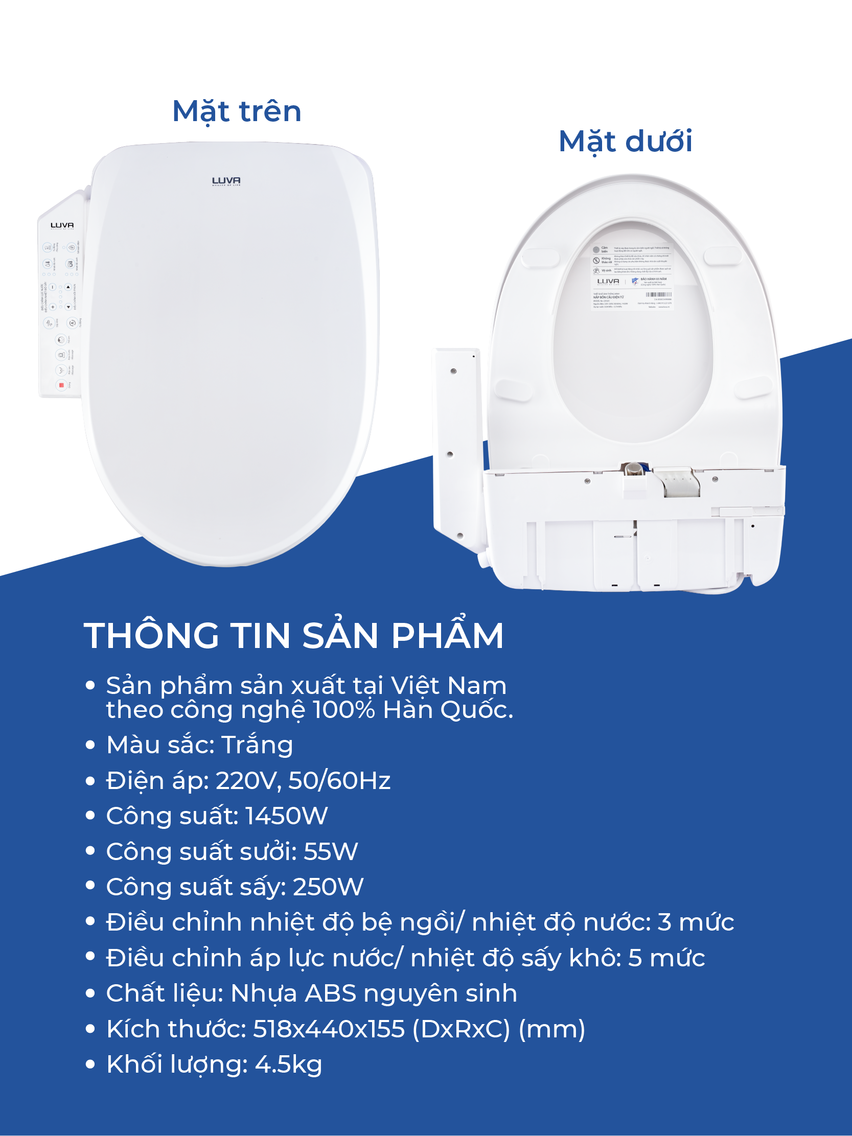 Nắp Bồn Cầu Điện Tử LUVA Bidet LB625 Điều Khiển Cảm Ứng Tiếng Việt, Đổi Lỗi 100 Ngày, Sấy Khô, Chống Nước IPX5, Sấy Vành Ngồi, Chế Độ Rửa Trẻ Em
