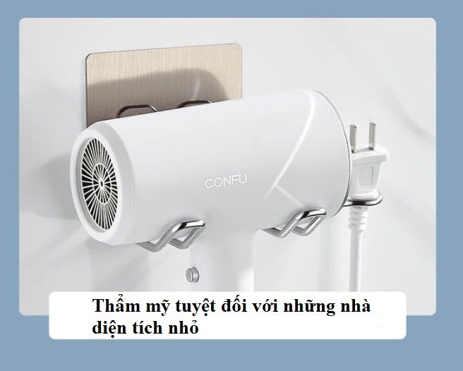 Giá treo máy sấy tóc - Inox 304 - Có móc treo phích cắm điện - Dán tường tiện lợi