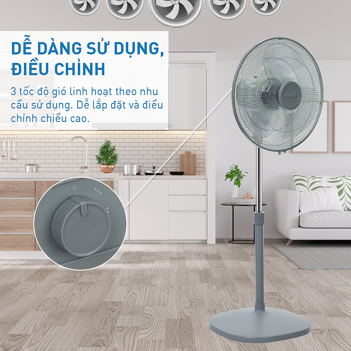 Quạt đứng Tefal VH441790 Xám - Công suất 55W - 3 cánh quạt - Bảo hành chính hãng 24 tháng - Hàng chính hãng