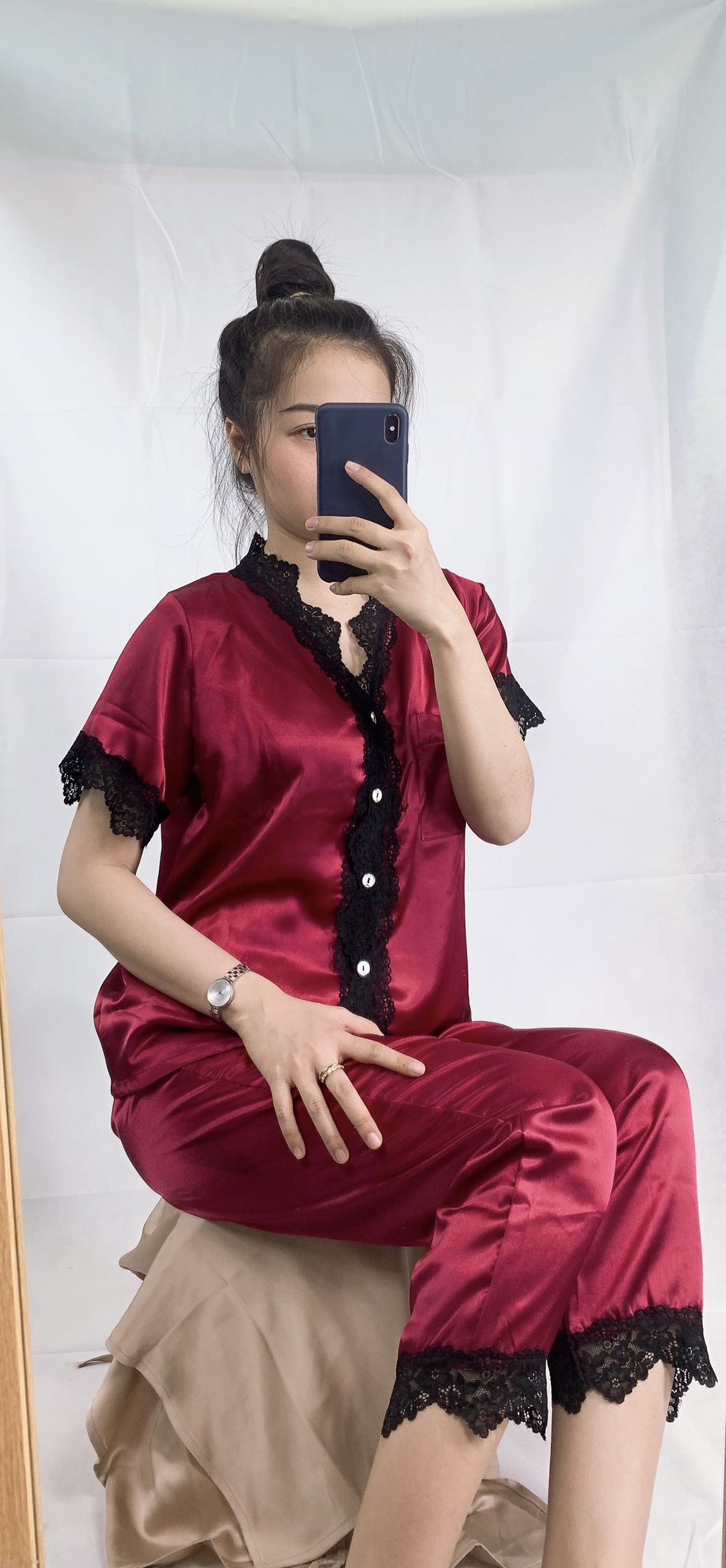 Pijama nữ chất vải lụa - viền ren - đồ mặc nhà quần dài