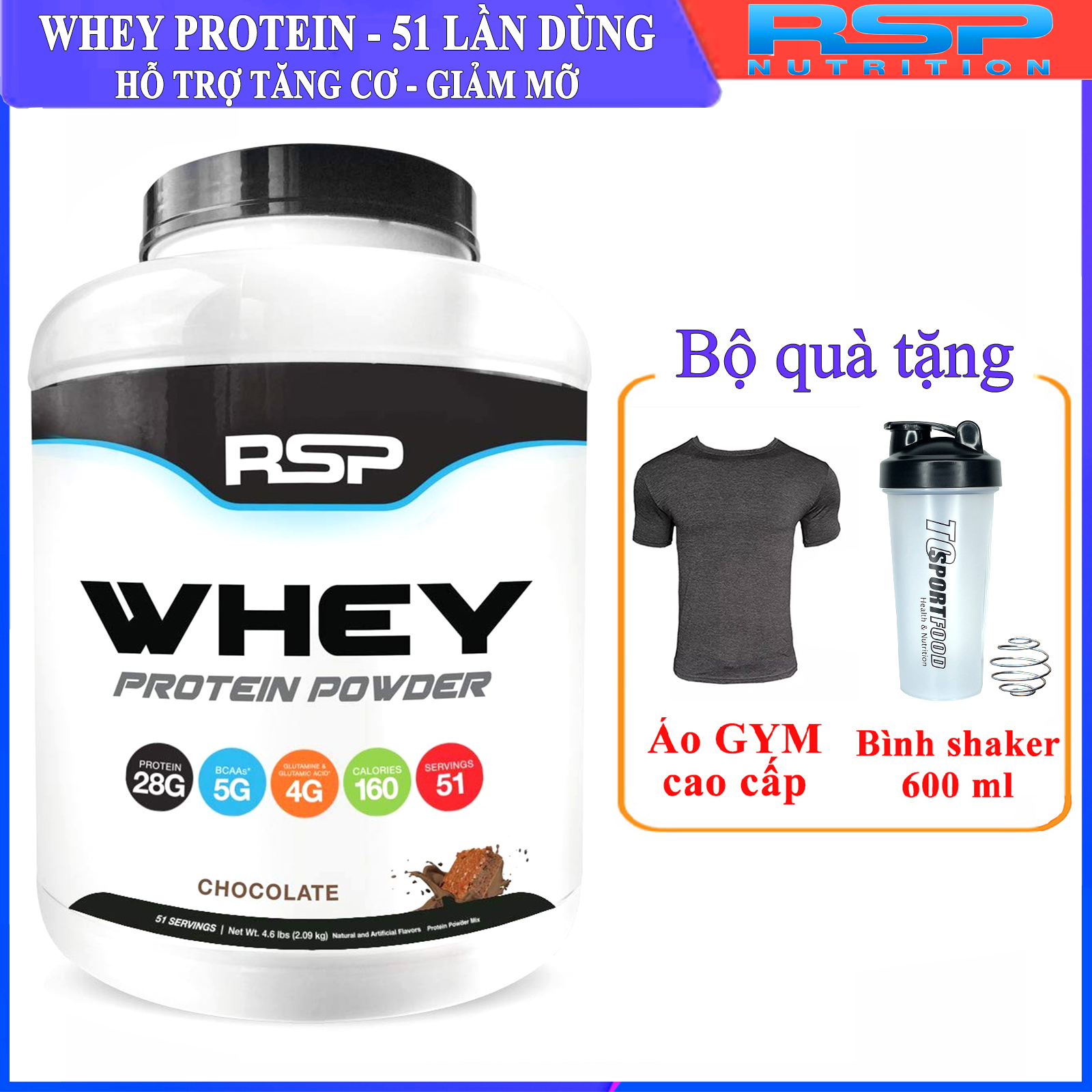 Combo Sữa tăng cơ giảm mỡ Whey Protein Powder của RSP hương Chocolate hộp 51 lần dùng hỗ trợ tăng cơ, giảm cân đốt mỡ, phục hồi cơ bắp & Bình lắc 600ml (Mẫu ngẫu nhiên) & Áo thun thể thao (Size M 57-68kg)