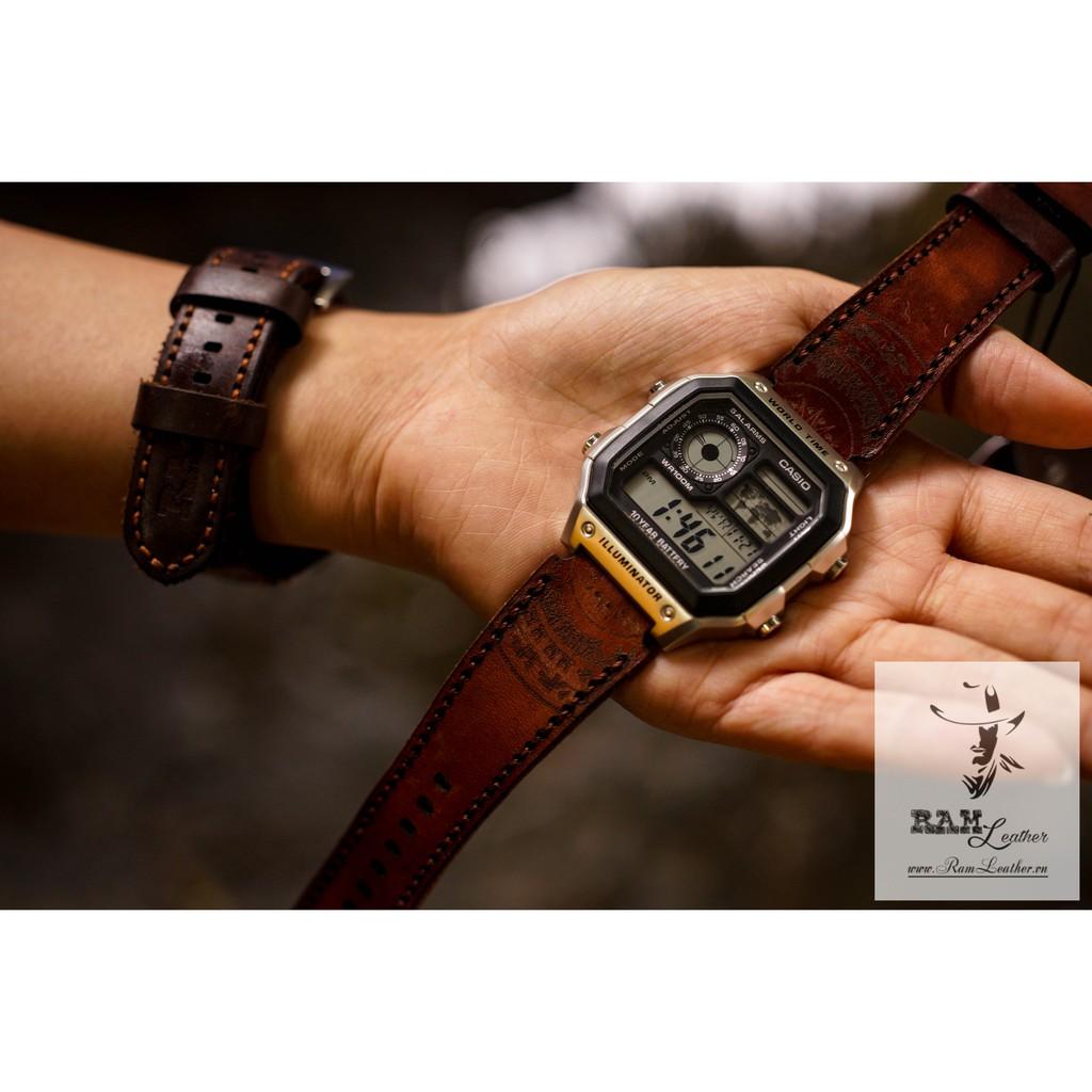 DÂY ĐỒNG HỒ TRỐNG ĐỒNG CASIO AE1200/SEIKO5 DA BÒ THẬT LIGHT BROWN