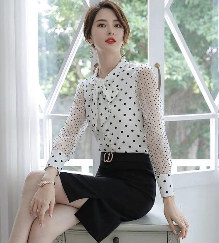 Áo sơ mi công sở  chấm bi tay phối lưới bi- SB2002