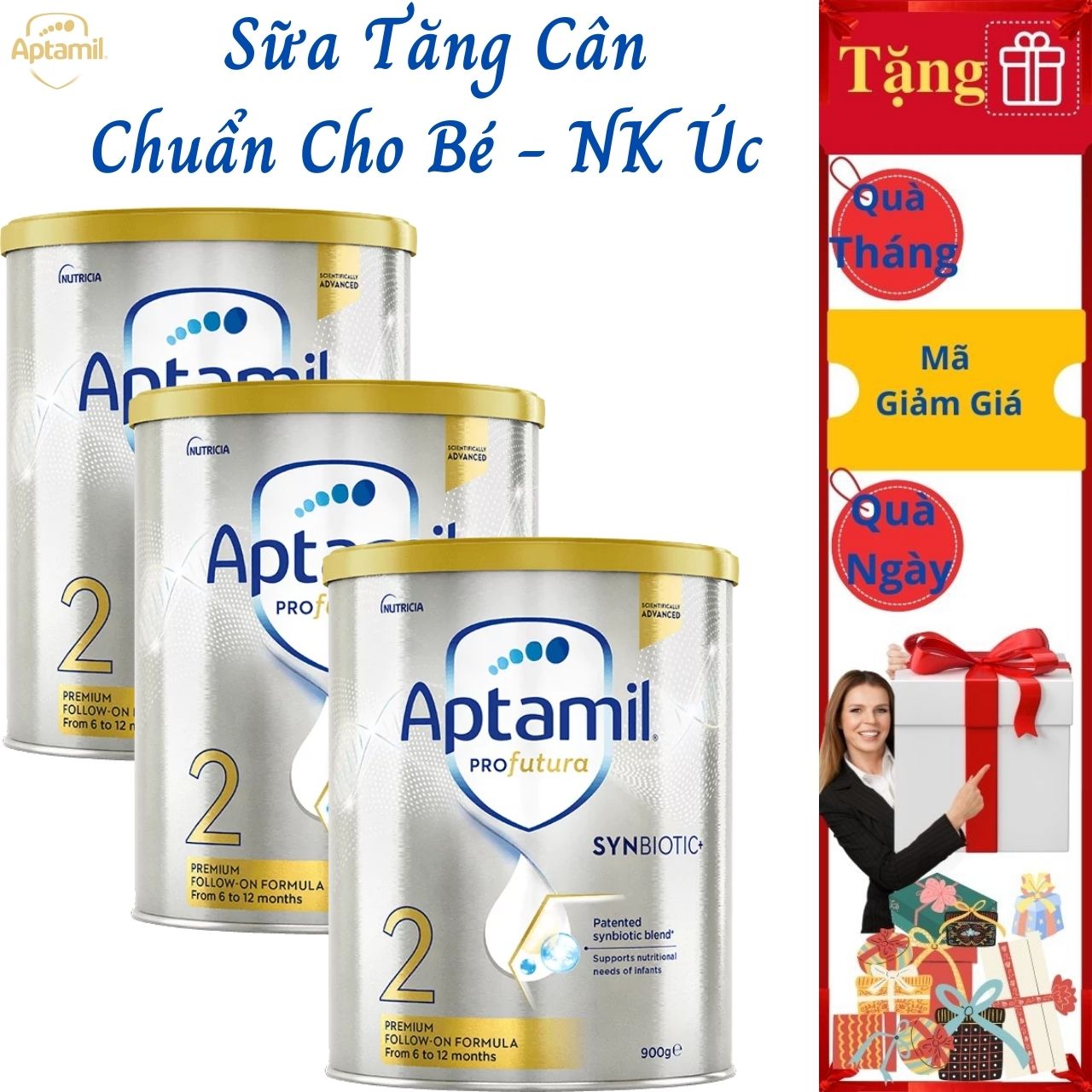 Sữa Tăng Cân Cho Bé Aptamil Profutura Synbiotic 2 NK Úc Giàu Dưỡng Chất Gồm Các Nhóm Vitamin, Khoáng Chất, Omega-3, Men Vi Sinh Giúp Bé Phát Triển Chiều Cao, Cân Nặng, Trí Não, Hỗ Trợ Tiêu Hóa Tốt, Tăng Chức Năng Hệ Miễn Dịch – 3 Lon x 900g