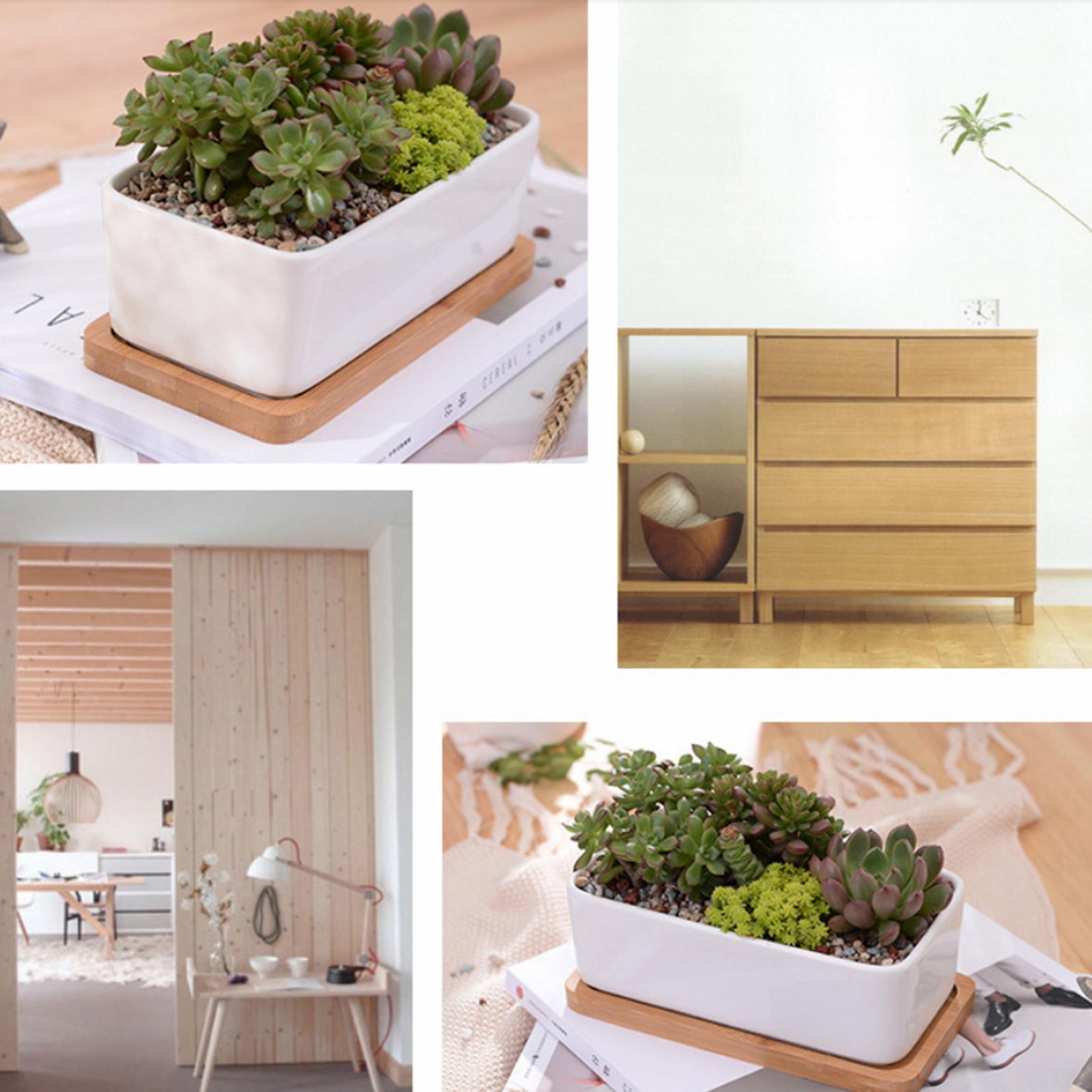 Chậu hoa bằng gốm hình chữ nhật màu trắng có khay tre để trang trí bàn làm việc