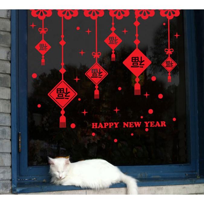 Decal trang trí tường Tết - Rèm dây bảng chữ HPNY ĐỎ