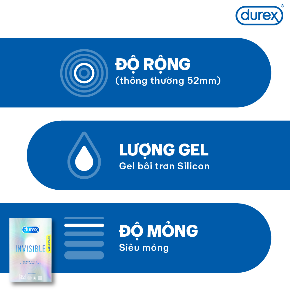 Bao Cao Su Durex Invisible Siêu Mỏng, Size 52 mm, Hộp 16 Bao Mới Ra Mắt - Hộp Lớn Siêu Tiết Kiệm