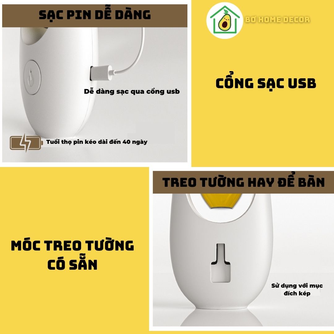 Máy xịt thơm phòng tự động JD007, máy xông tinh dầu, 6 loại tinh dầu thơm phòng, kèm pin sạc 500mAh