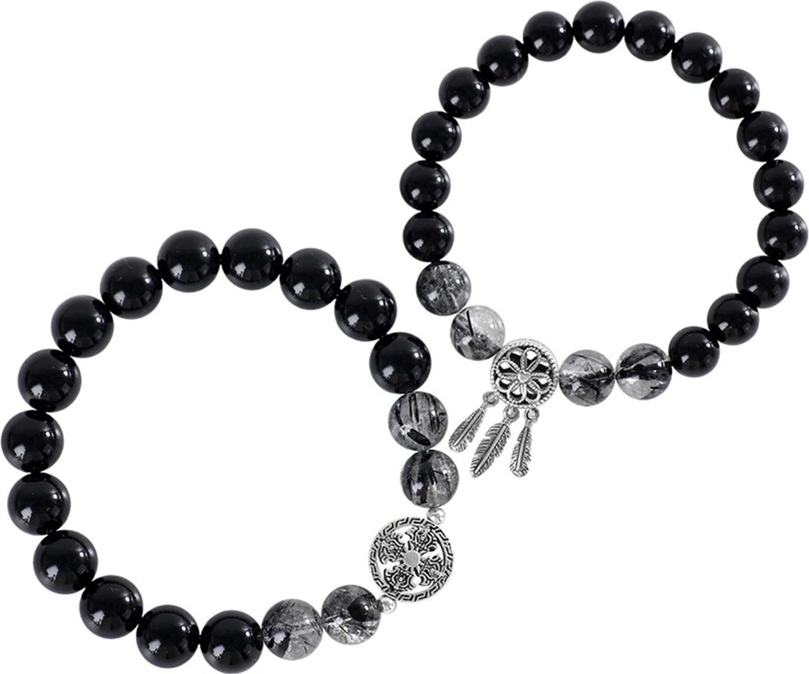 Vòng tay đôi đá Obsidian phối thạch anh tóc đen và charm bạc mệnh thủy, mộc - Ngọc Quý Gemstones