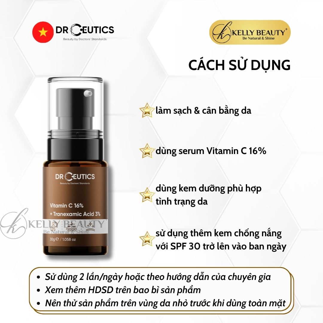 DrCeutics Vitamin C 16% + Tranexamic 3% - Tinh Chất Chống Lão Hóa, Sáng Da, Mờ Thâm Nám | Kelly Beauty