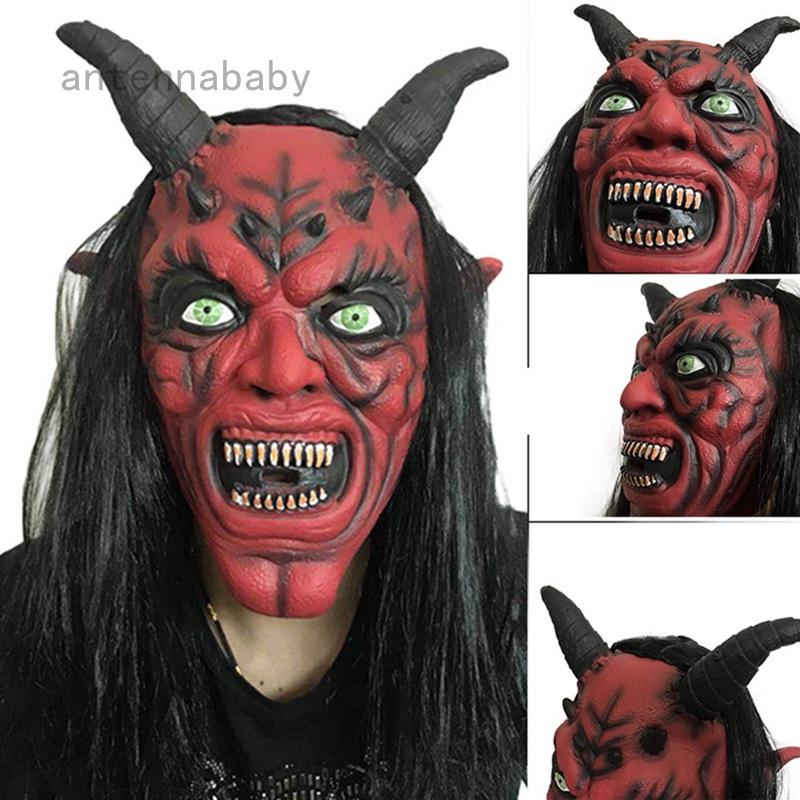 MẶT NẠ 2 sừng Mặt ĐỎ tóc đen dài phù hợp cho hóa trang Halloween trung thu lễ hội sự kiện quay video cosplay