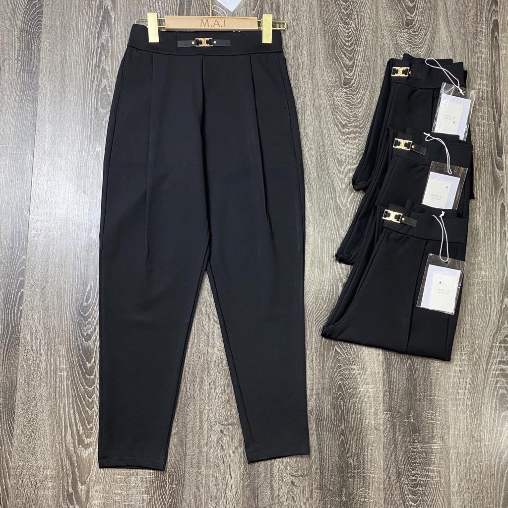 Quần baggy nữ cạp cao vải umi co dãn đai da công sở đi chơi lệ chuẩn form đứng quần màu đen