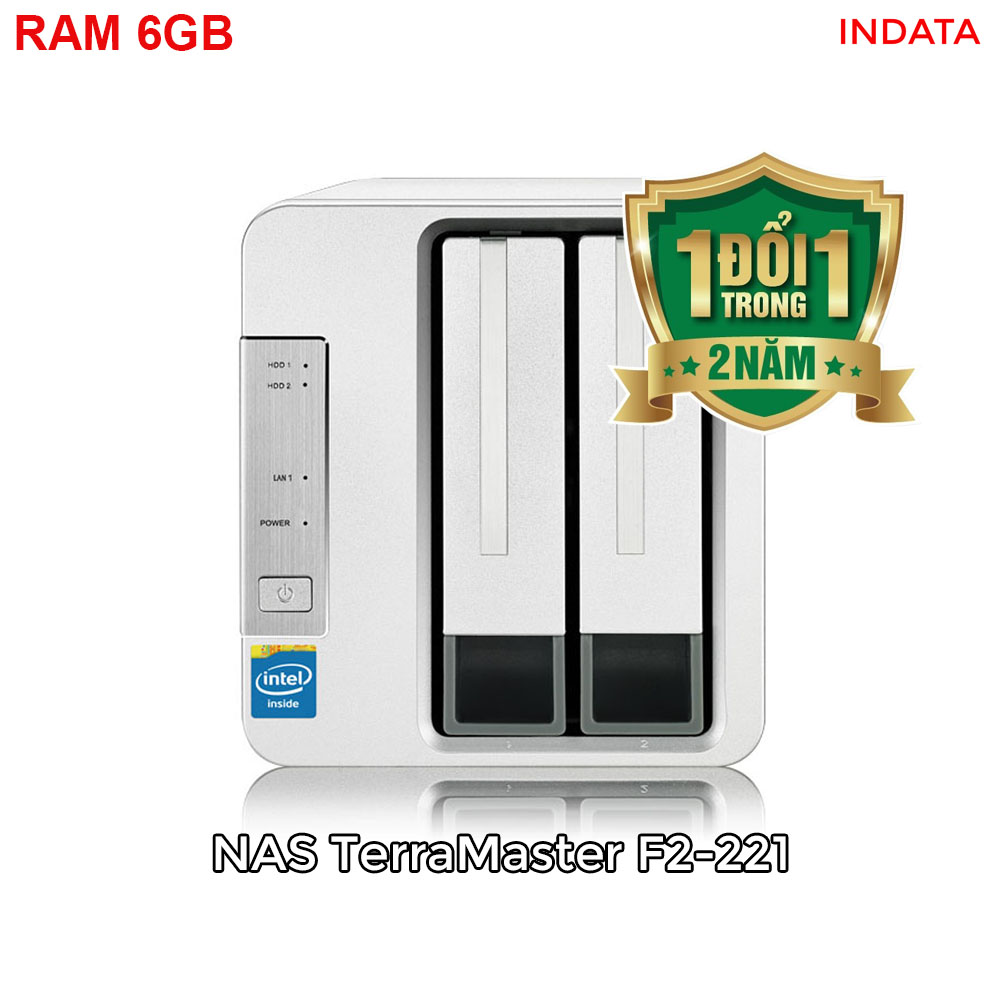 Bộ lưu trữ mạng NAS TerraMaster F2-221, Intel Dual-core 2.0GHz, 6GB RAM, LAN 2x 1GbE, 2 khay ổ cứng RAID 0,1,JBOD,Single - Hàng chính hãng