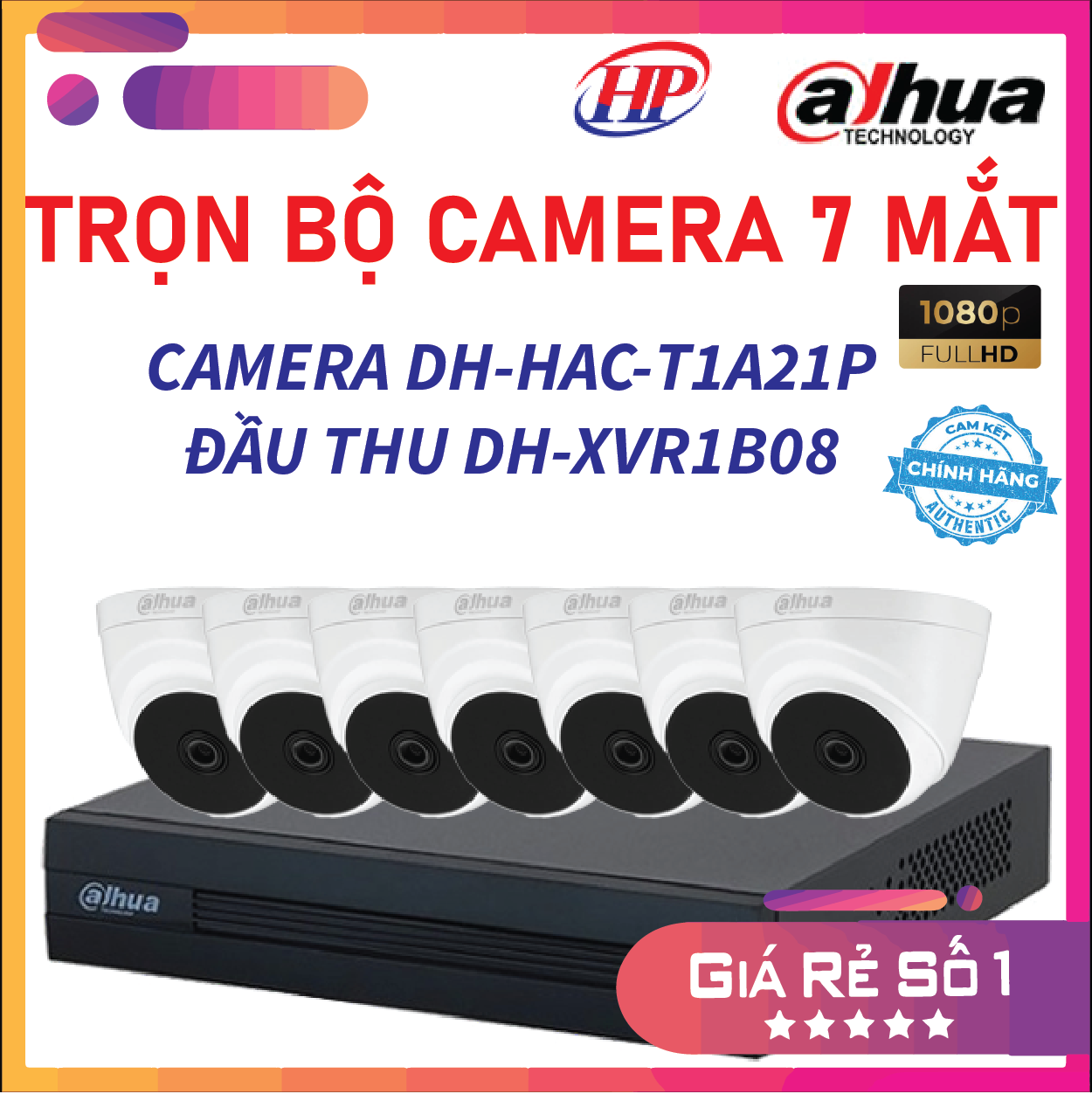 Trọn bộ 7 camera DH-HAC-T1A21P Đầu thu 8 cổng XVR1B08 đầy đủ phụ kiện, Hàng chính hãng