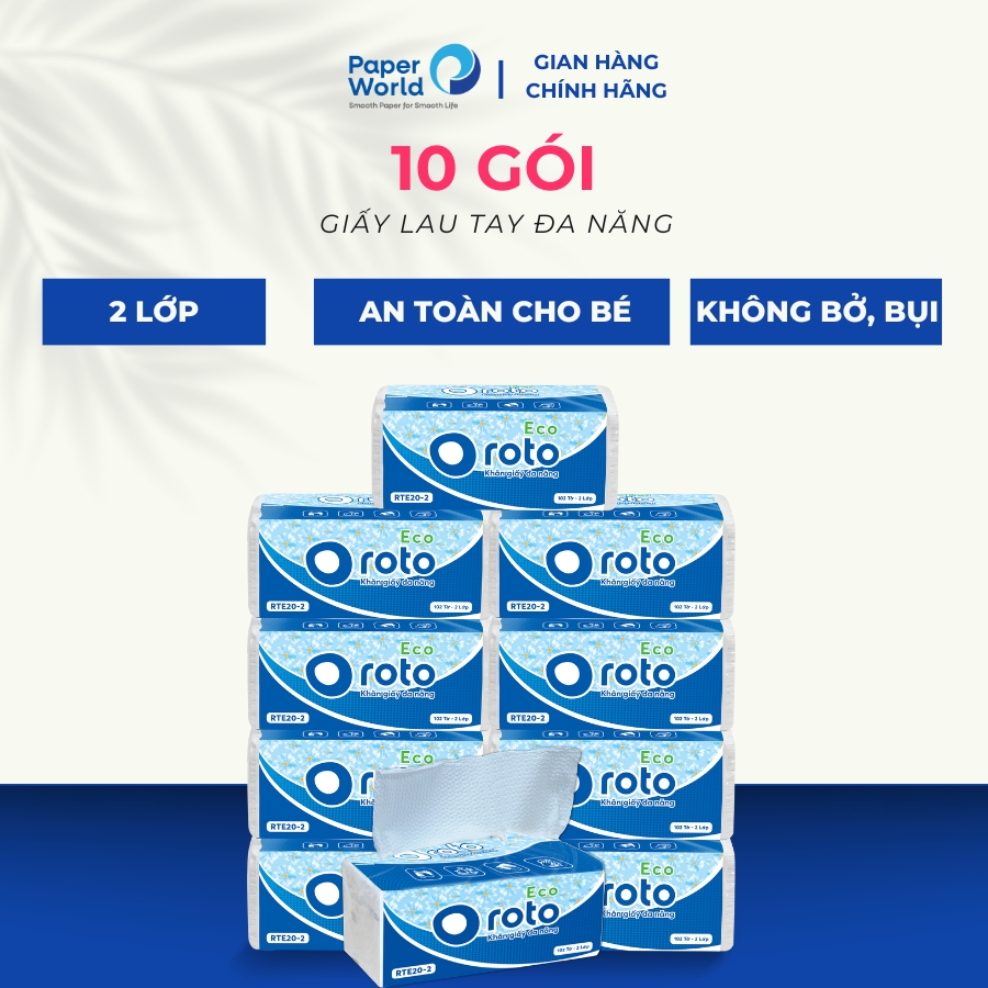 Combo 10 gói khăn giấy lau tay Roto eco20-2 RT20-2 hai lớp 100% bột giấy nguyên sinh, dài 20cm, họa tiết chấm bi xốp, thấm hút 2 chiều, gồm 102 tờ/gói