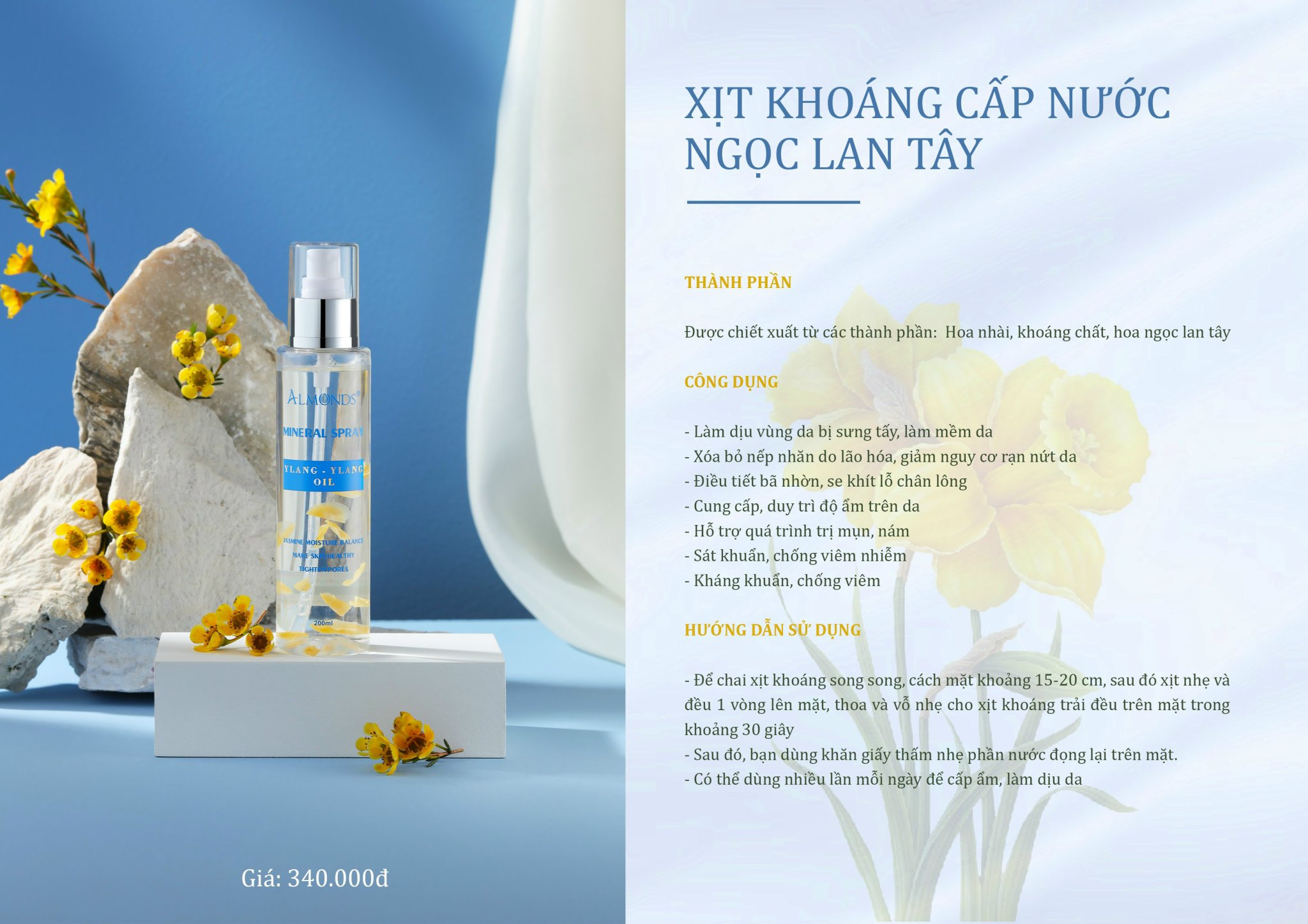 Xịt khoáng ngọc lan tây cấp nước làm dịu da Almonds- Mineral Spray 200ml