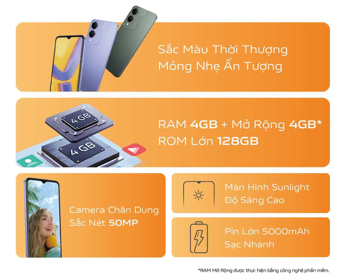 [MỚI] Điện thoại vivo Y17s - Hàng chính hãng - Camera 50MP - Pin 5000 mAh - Sạc nhanh- RAM mở rộng đến 8GB