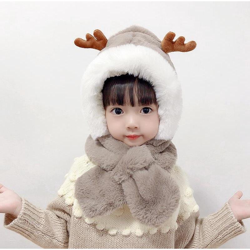 Mũ len cho bé trai gái chùm đầu kem khăn dễ thương mùa đông cực ấm có hai sừng hươu