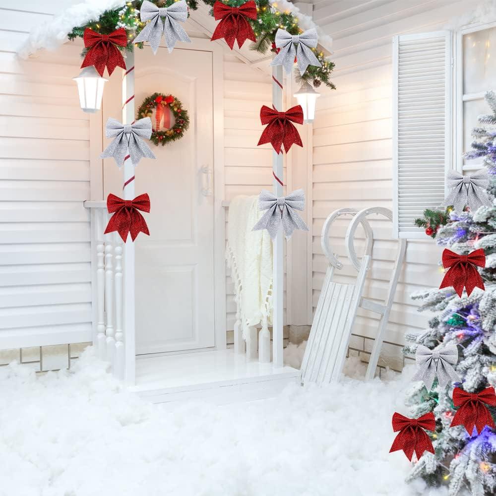 Nơ Giáng Sinh Bạc, Bộ 10 Món Trang Trí Giáng Sinh, Mini - Trang Trí Nhà Giáng Sinh Treo Cây Thông Noel, Trang Trí Hộp Quà Ngày Lễ