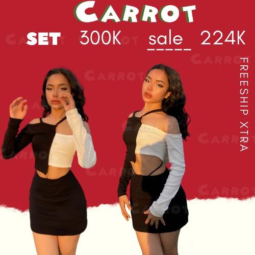 Croptop tay dài chân váy đen basic ôm eo cột dây tôn dáng chất thun trendy thời trang nữ carrotxinhdep