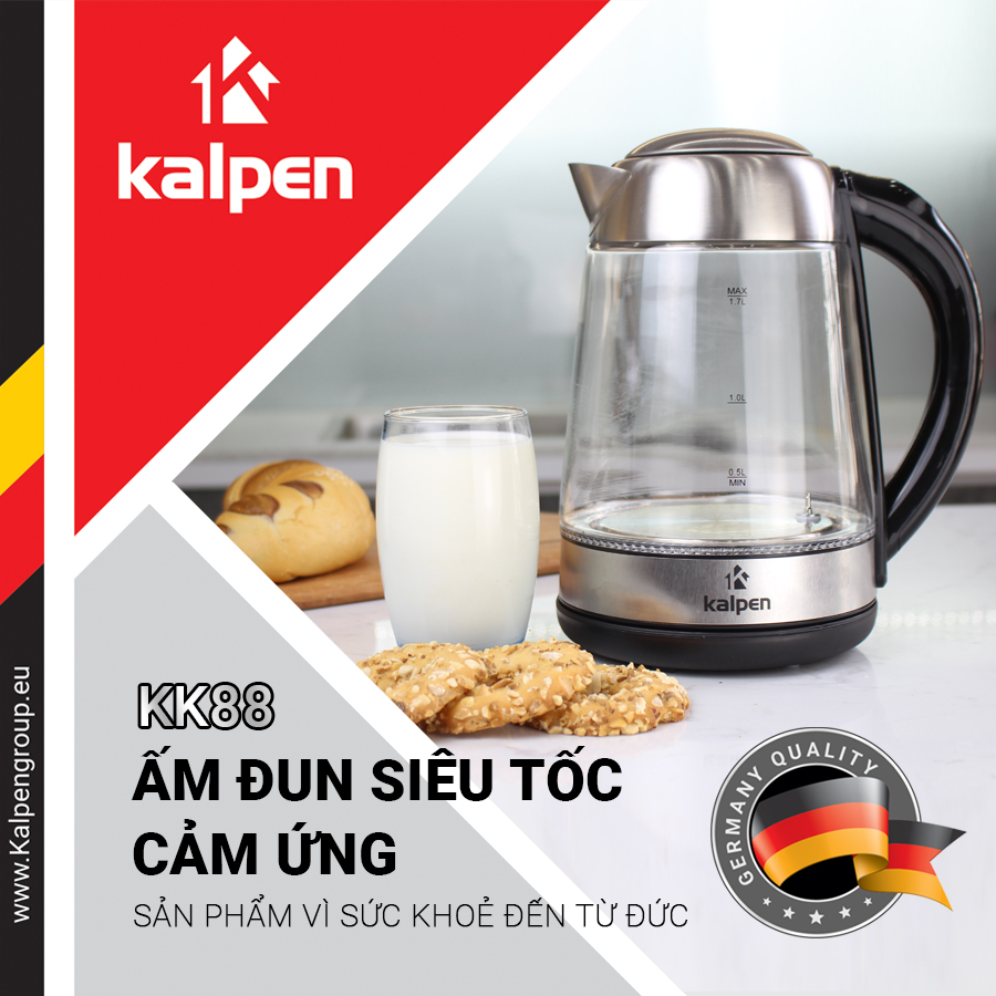 ẤM SIÊU TỐC THỦY TINH ĐIỀU CHỈNH NHIỆT ĐỘ KALPEN KK88, HÀNG NHẬP KHẨU CHÍNH HÃNG