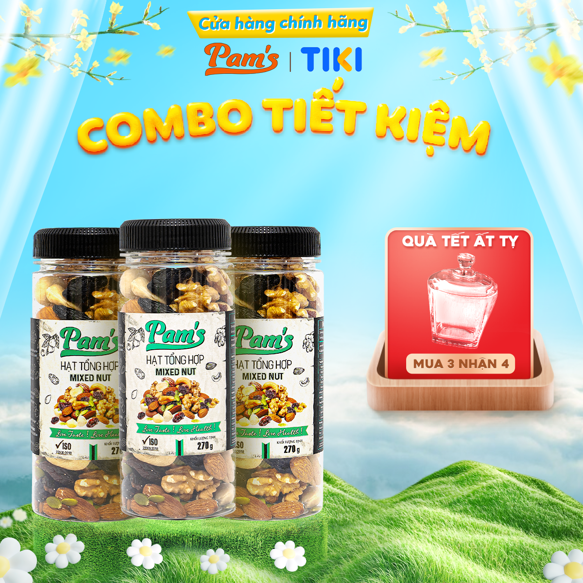 Combo 3 Hũ Ngũ Cốc Mix 6 Loạimacca Hạnh Nhân Điều Nhân Óc Chó Hạt Bí Nho Úc Pams 270Gx3 810G