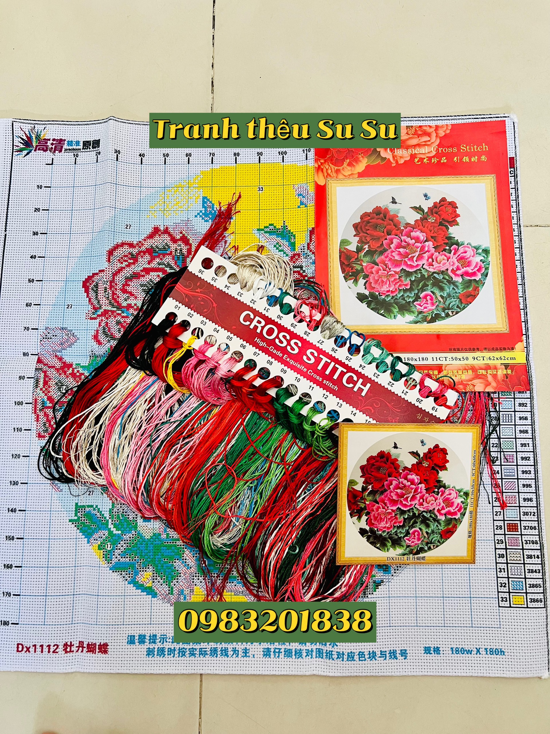 Tranh thêu kín Hoa mẫu đơn DX1112, kích thước 50 x 50 cm