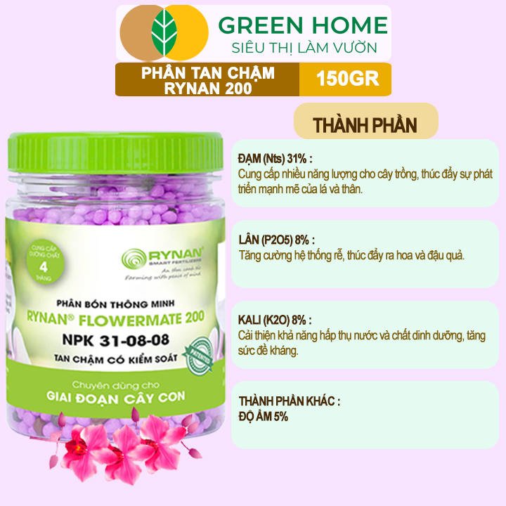 Phân Tan Chậm Greenhome, Rynan 200, Chai 150gr, Dành Cho Phong Lan Con, Bonsai Kích Chồi, Đủ Dưỡng Chất Cho 120 Ngày