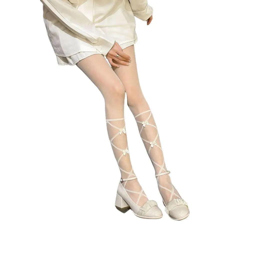 Quần tất, vớ quần phối dây ruy băng họa tiết nơ phong cách Lolita cho nữ - Women