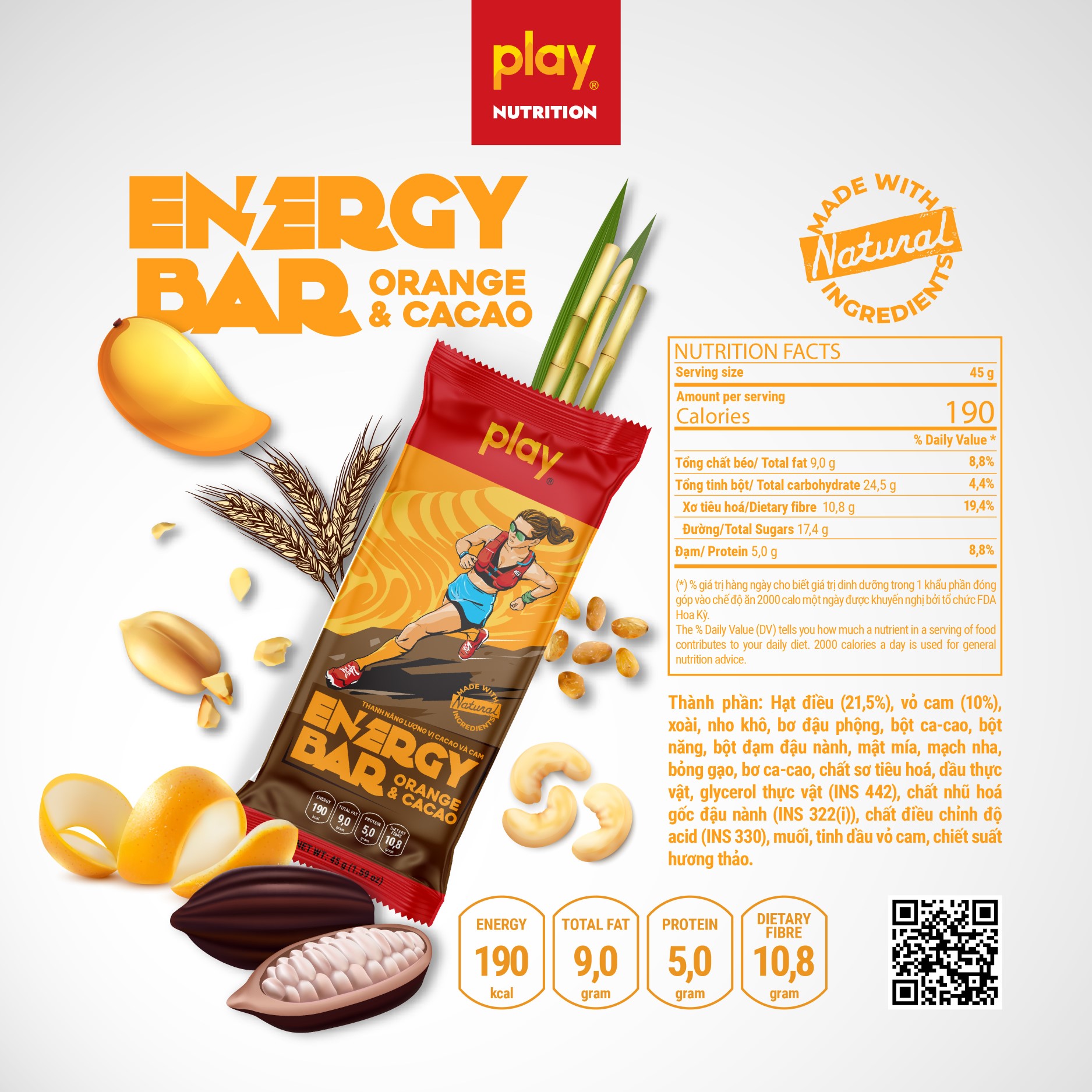 Hộp 12 thanh năng lượng PLAY 2.0 vị cam caocao – Thanh ngũ cốc dinh dưỡng PLAY Energy Bar