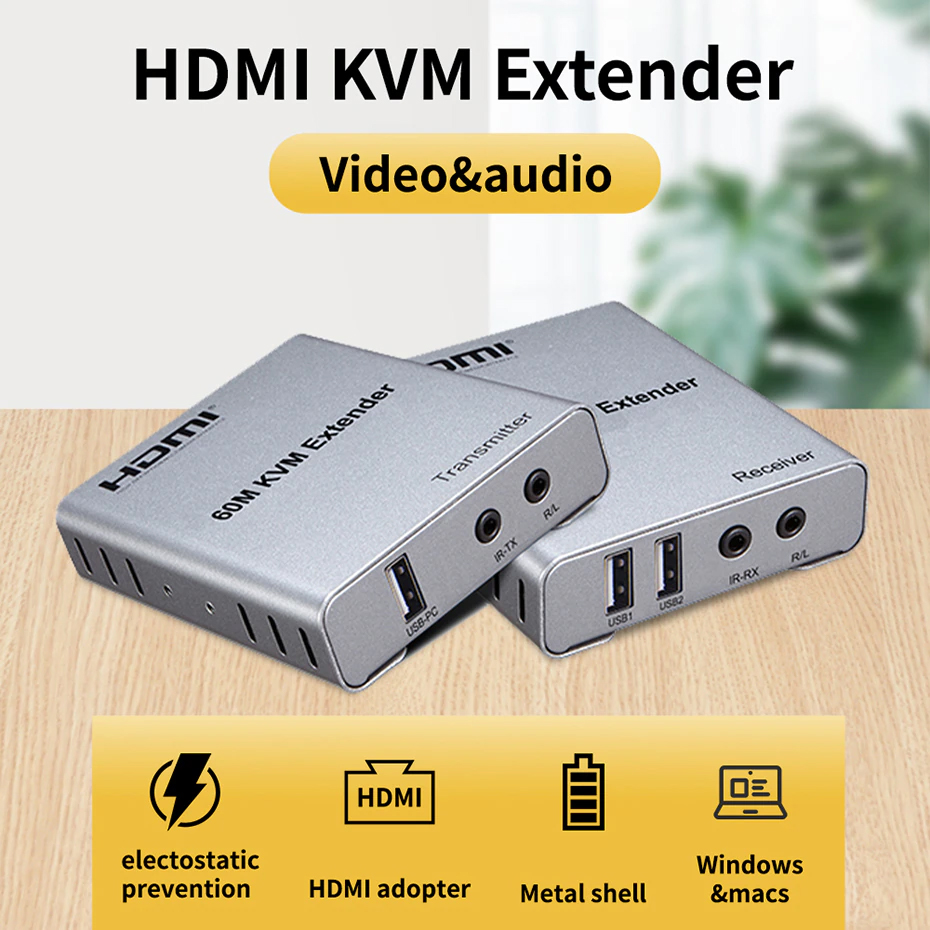 Bộ Khuếch Đại Tín Hiệu HDMI Qua LAN Kéo Dài 60 mét Độ Phân Giải 1080P - Tích Hợp Cổng USB Điều Khiển Chuột và Bàn Phím - Có Cổng Hồng Ngoại IR Điều Khiển TV