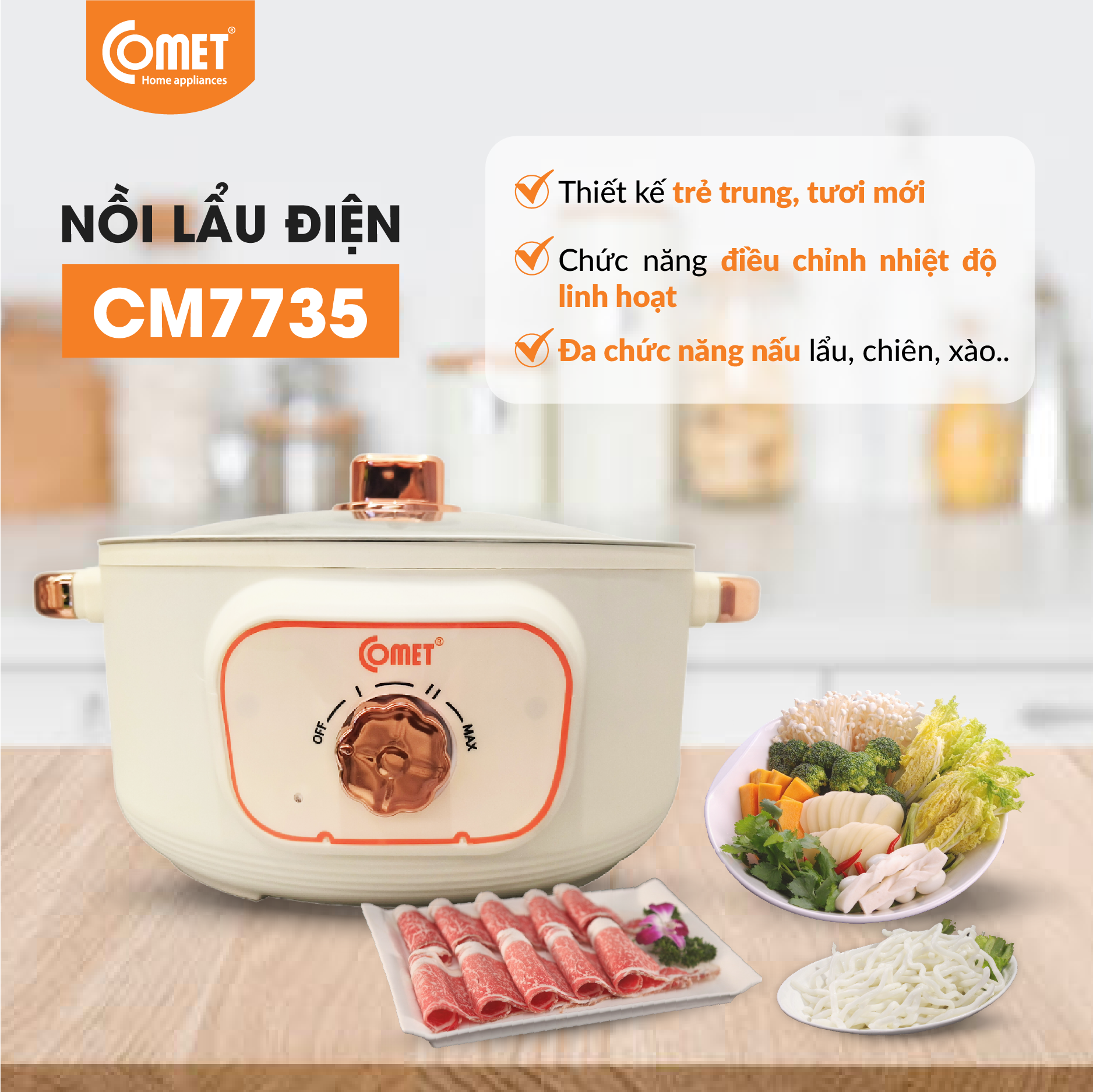 Nồi lẩu điện 3L COMET CM7735 công suất 1000W - Hàng Chính Hãng